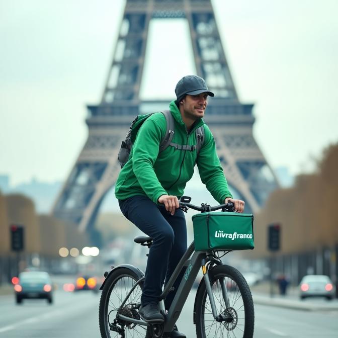 Livreur LivraFrance à vélo devant la Tour Eiffel