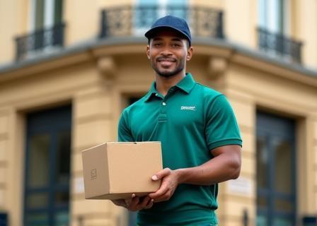 Livreur tenant un colis devant un immeuble parisien